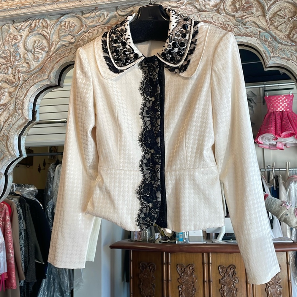 White and black beaded lace blazer jacket